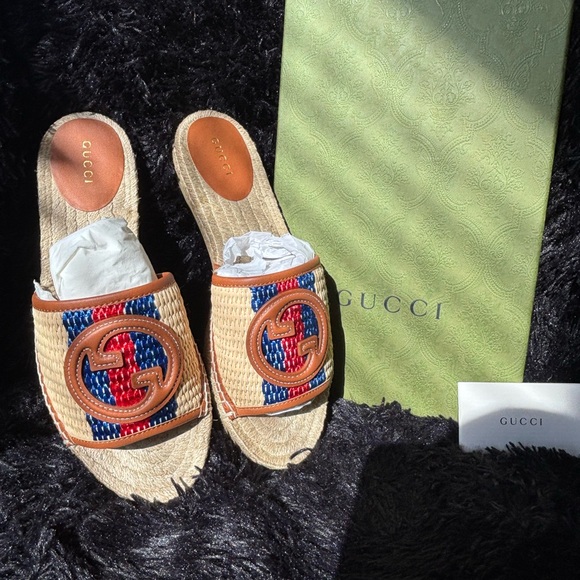 Gucci Women's Interlocking GG Raffia Espadrille Slides - Picture 1 of 5